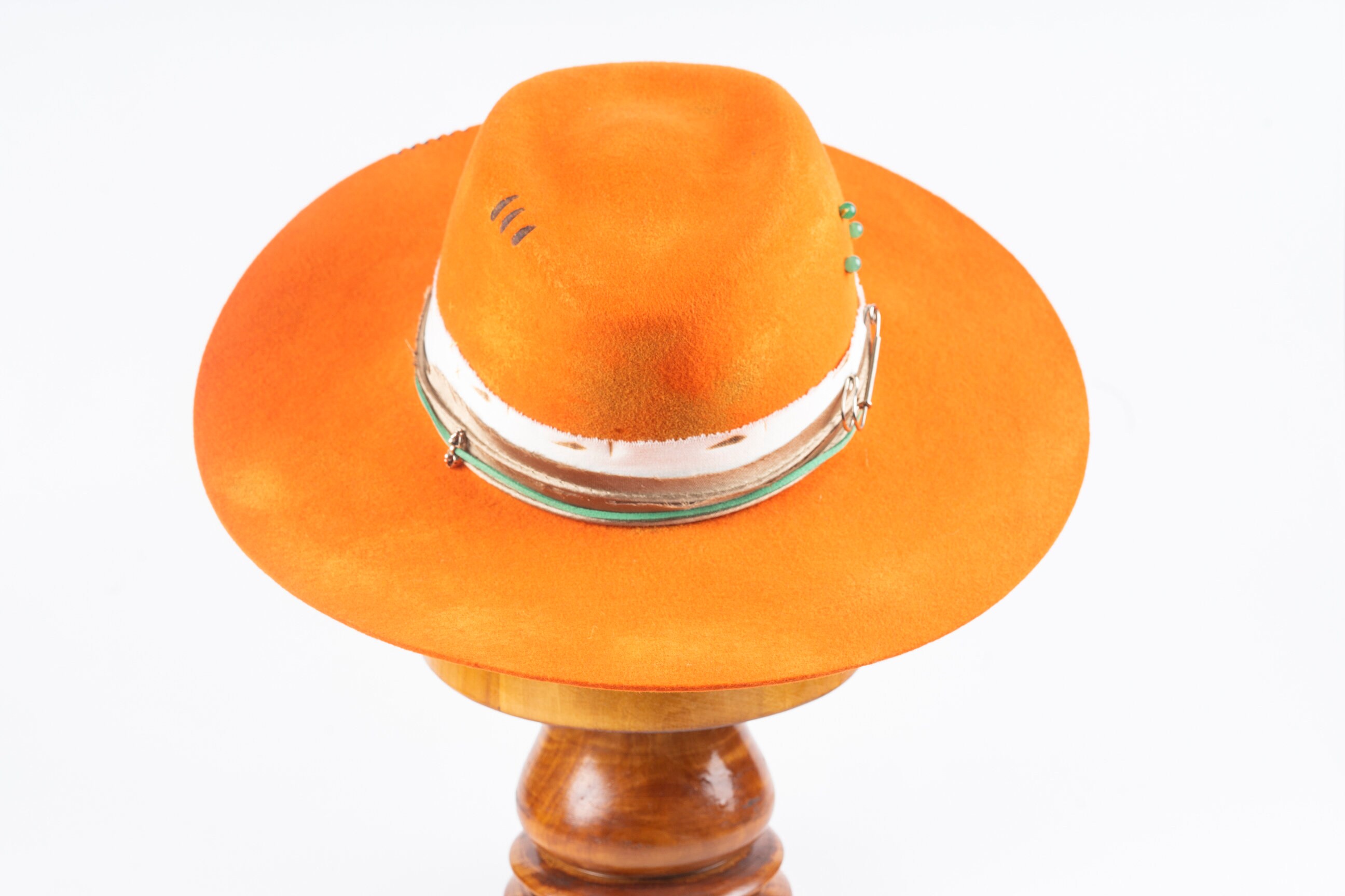 BESPOKE CLOTHING | Artisan Handmade Wool Fedoral Hat Tan Orange Cream Feather Camel Suffolk Ladies Fedora Hat, Bronze Feather - Hicks & Brown main image 3