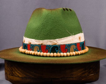 Handmade Green Merino Wool Fedora: Unisex Burnt Felt Hat