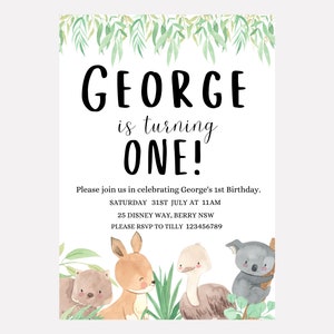 Australian Birthday Invitation, Australian First Birthday, Koala, Wombat, Kangaroo, Emu, 1st Birthday Boy/Girl, Gender Neutral Invitation