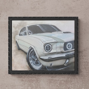 Classic Mustang Painting, White Car Art, Monochromatic Painting, Monochrome Wall Art, Muscle Car Garage Art Man Cave Artwork Black and White