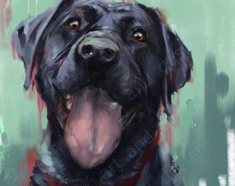 Könnte beinhalten: Digitalgemälde eines schwarzen Labrador Retrievers mit rotem Halsband. Der Hund blickt den Betrachter direkt an, die Zunge herausgestreckt. Der Hintergrund ist eine Mischung aus grünen, rosa und weißen Pinselstrichen. Die Worte "APEX art and design" sind sichtbar.