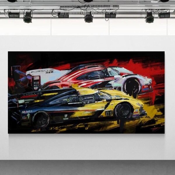 IMSA Cadillac & Porsche Rennautos Kunstdruck eines Originalgemäldes