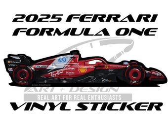 May include: A red and black 2025 Ferrari Formula One vinyl sticker. The sticker features the car's design with sponsor logos and the text "REAL ART FOR REAL ENTHUSIASTS VINYL STICKER".