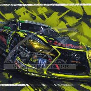 May include: An artistic rendering of a black and yellow Lexus race car, with the text "SealMaster" and "For Real Enthusiasts". The car is set against a vibrant, abstract yellow and black background.