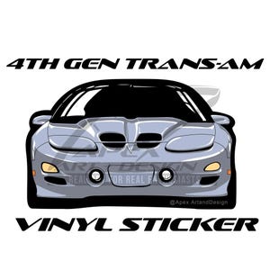 May include: A light blue 4th Gen Trans Am vinyl sticker. The sticker features a stylized illustration of the front of the car, with black accents and the text "4TH GEN TRANS-AM" and "VINYL STICKER".