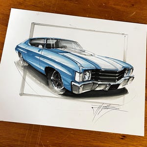 May include: A blue classic car illustration with a white racing stripe. The artwork features a detailed rendering of the vehicle, showcasing its body, wheels, and chrome accents. The car is set against a white background, with a drawn frame around it.