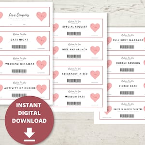 Cupón de amor de San Valentín para parejas, regalo de cumpleaños, regalo de aniversario, imprimible, novio, cupones de citas, vale instantáneo, para él, para ella