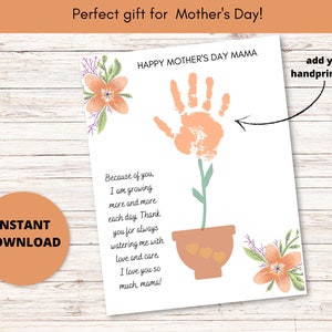 Fête des Mères Fleurs Artisanat Activité Art pour maman d’enfant, bébé tout-petit et enfant, carte imprimable, main, souvenir, cadeau de bricolage, fait à la main