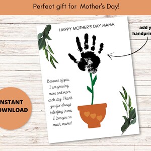 Fête des Mères Plante Maman Activité artisanale Art pour maman d’enfant, bébé tout-petit et enfant, carte imprimable, main, souvenir, cadeau de bricolage, fait à la main