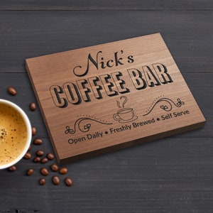 Custom Wooden Coffee Bar Sign: Engraved Solid Pine, Handmade