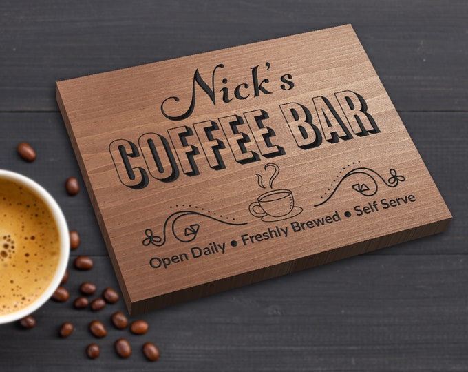 Custom Wooden Coffee Bar Sign: Engraved Solid Pine, Handmade (9x7 in)