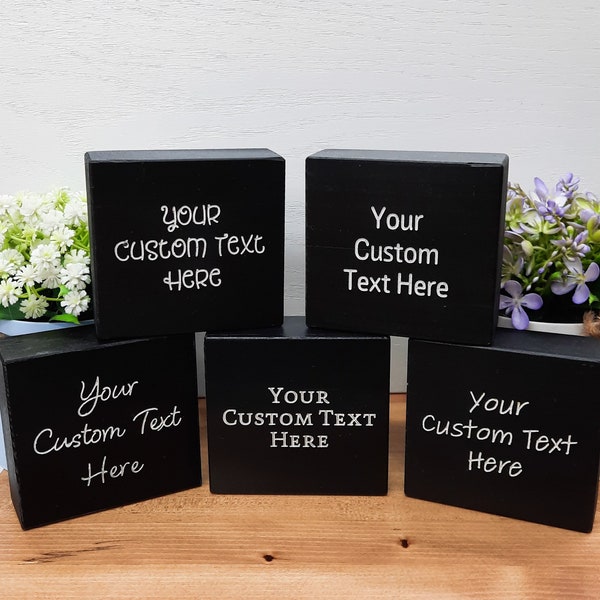 Custom Engraved Black Wood Block Sign: Personalized Carved Text (3.5x3.5 in)