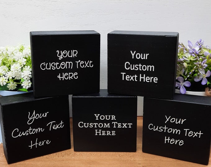 Custom Engraved Black Wood Block Sign: Personalized Carved Text (3.5x3.5 in)
