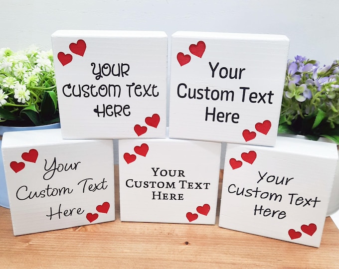 Custom Mini Engraved Wood Block Sign with Hearts, 3 1/2" x 3 1/2" Wooden White Block Sign with Personalized Carved Text, Anniversary Gift