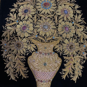 Golden Zardozi &quot;Tree of Life&quot; Hand-Embroidered Floral Tapestry with Semi-Precious Stones and Golden Thread