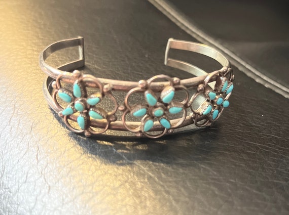 Vintage Sterling Silver Turquoise Petit Point Needlepoint Cuff Bracelet