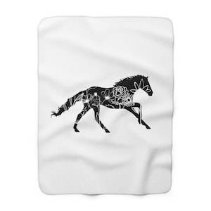 Flowered Black Horse, Sherpa Fleece Blanket, Gift For Horse Lover, Horse Girl Gift, Horse Show Blanket, Horse Girl Blanket, Pony Lover Gift