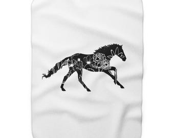 Flowered Black Horse, Sherpa Fleece Blanket, Gift For Horse Lover, Horse Girl Gift, Horse Show Blanket, Horse Girl Blanket, Pony Lover Gift
