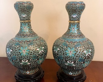 Pair of antique cloisonne vases blue green black very delicate, Chinese cloisonné