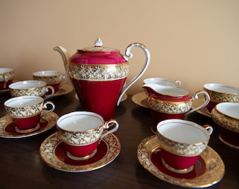 17 peaces set Maroon Gold Aynsley Tea Coffee set, Ornate Vintage Bone China, Burgundy Red Gold Filigree, Fine porcelain teacup, kitchen set