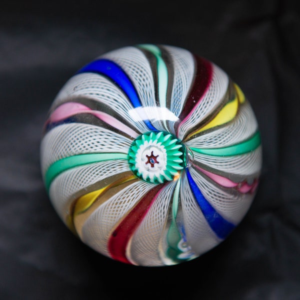 Complex Italian Glass Paperweight, Twisted Rainbow Filigree, bright multicolor, white ribbons, Italy glass art, crystal object