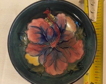 Moorcroft Pottery Pin Dish, Spring Flowers Pattern, Hand Painted Green and Blue, 4 in Trinket Dish, Made in England