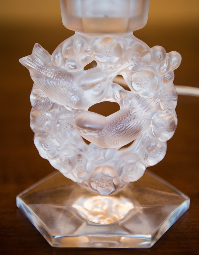 French Lalique Candlesticks Crystal Birds and Flower Wreath