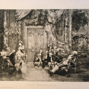Large Authentic Signed antique Lithograph drawing print, The Rehearsal