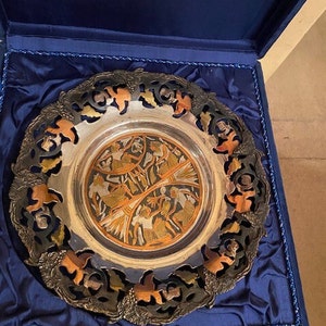 Large Egyptian Vintage Metal Plate, Blue box, Collectable wall art
