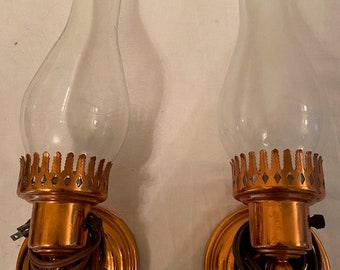 Vintage Electric Glass Pair Wall Fixtures, Lantern Copper Metal Gasless Collectable Burner, Christmas Gift