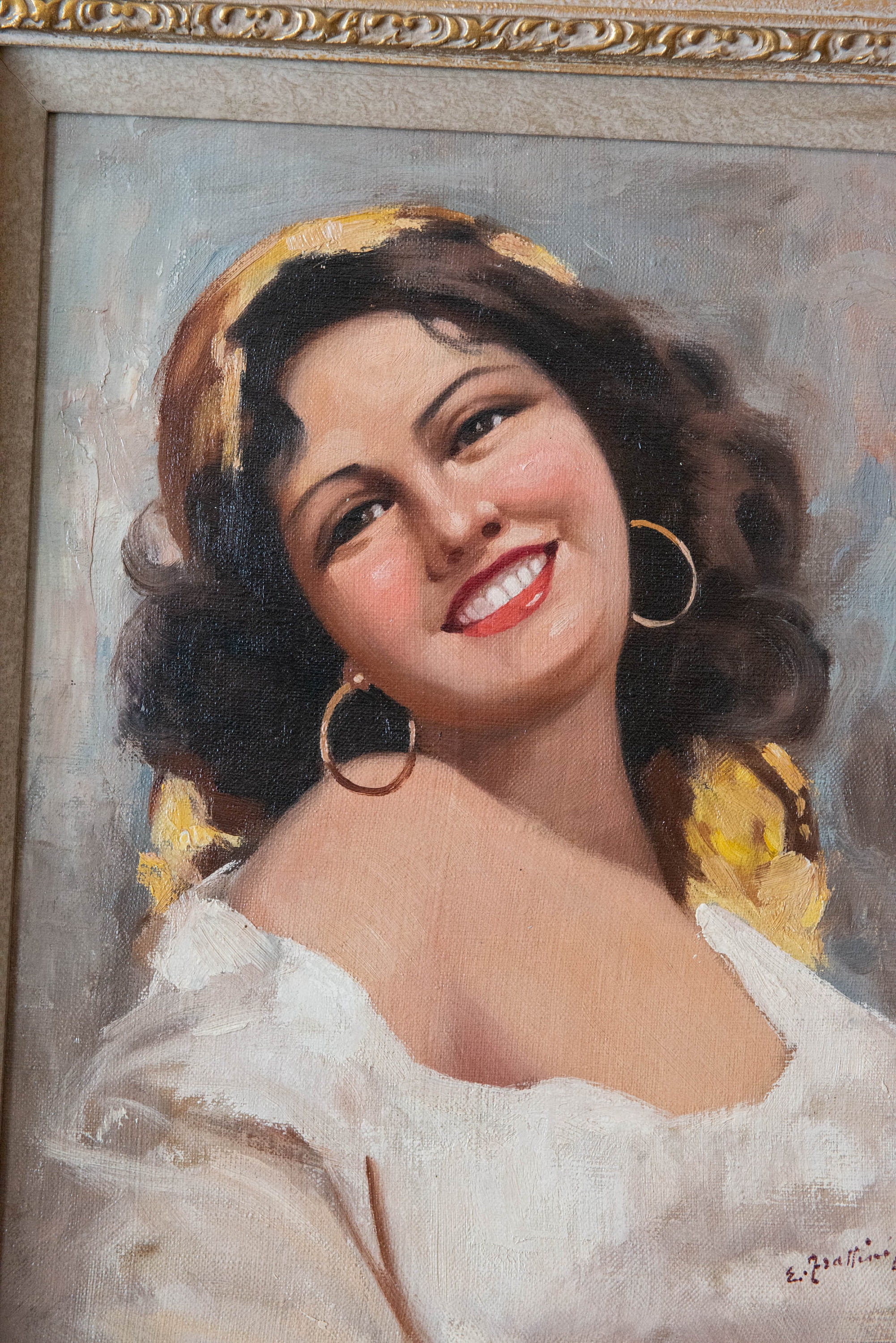 Enrico Frattini Oil on Canvas Painting Woman Portrait Rococo
