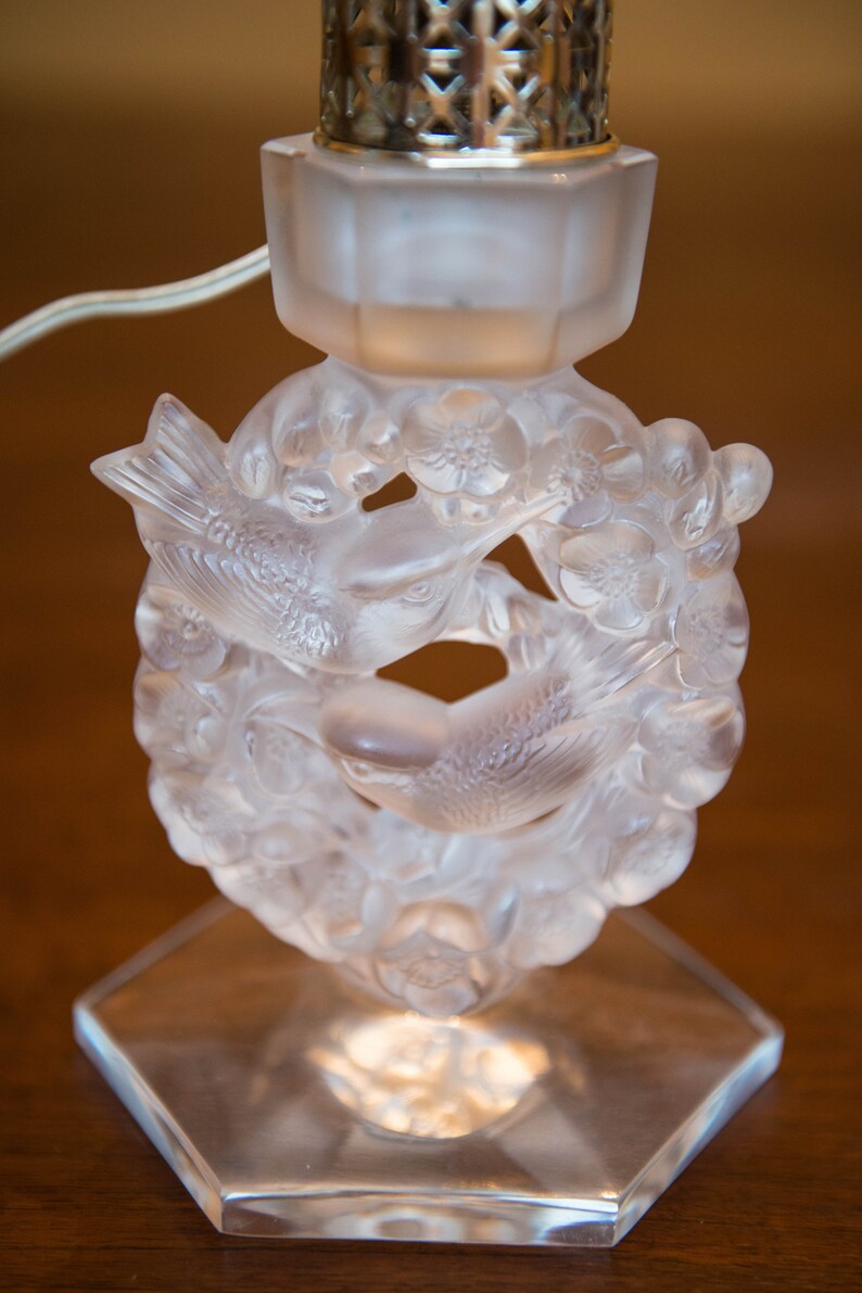 French Lalique Candlesticks Crystal Birds and Flower Wreath