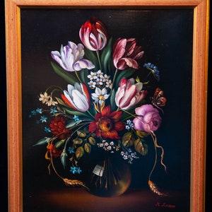 Still Life Oil Painting Flowers In a Glass Vase, Signed M Knapp, Oil Painting on board, Wall decor
