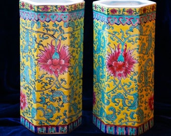 Pair of antique yellow porcelain Chinese vases Qianlong, Tall ceramic collectable vases