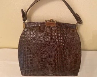 Chocolate Brown faux crocodile pattern purse, Vintage bag