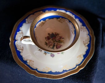 Blue gold Rosenthal Chippendale Teacup and Cake Dish,  German Gild Rim, Christmas housewarming gift