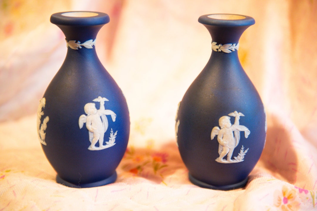 Pair Wedgwood Jasperware Small Dark Blue Vases, Vintage Ceramic, Art