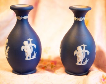 Pair Wedgwood Jasperware small dark blue vases, Vintage ceramic, Art Ceramic Vase holiday gift