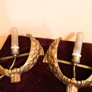 Pair Muller Freres scones lights, Art Deco French Antique, Heavy Brass Golden Light fixtures