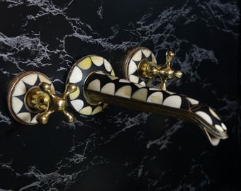 Brass Wall Mounted Bathroom Faucet Solid Brass Faucet, Moroccan Brass Faucet, Resin And Bone Design Black And White, Valve Included