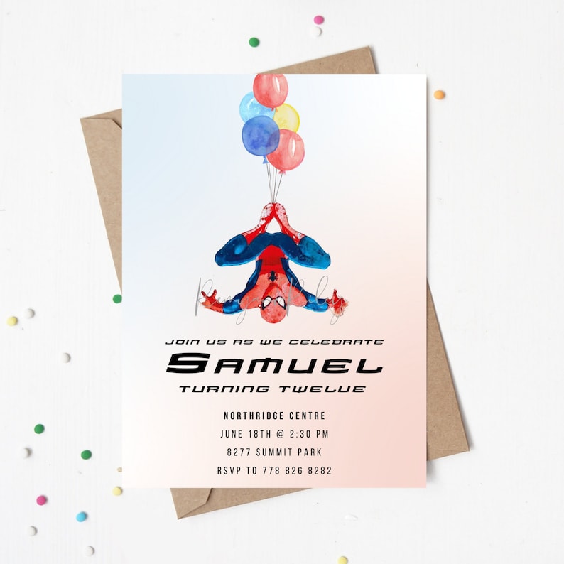 Spiderman Birthday Invitation Watercolor Digital Download 1