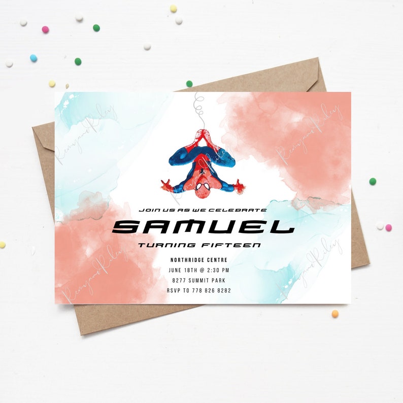 Spiderman Birthday Invitation Watercolor Digital Download 2