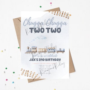Chugga Chugga Two Two 2nd Birthday Train Invitation Watercolor Minimalistic Digital Download