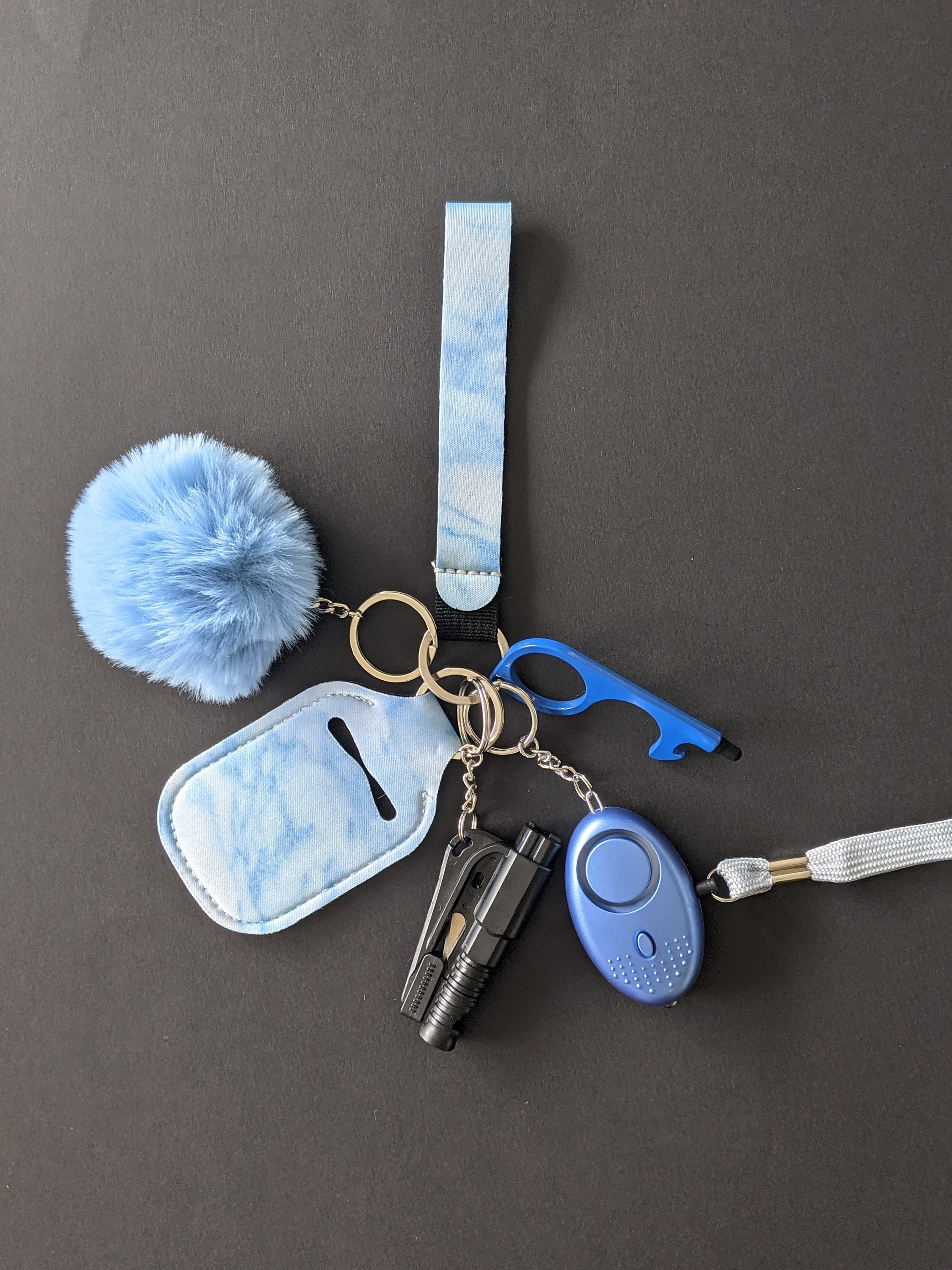 Pom Pom Window Breaker Safety Keychain for Women Set with Chargeable Alarm Wristlet 