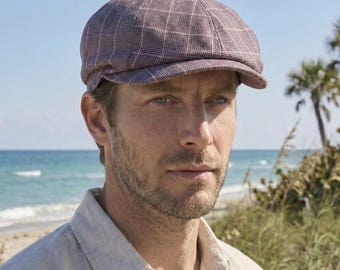 Purple Striped Linen Newsboy Cap, Peaky Blinders Style Summer Hat, Handmade Linen Hat
