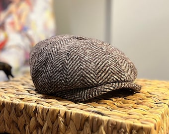 Brown White Herringbone Hat, Newsboy Cap, Peaky Blinders Hat, 8 Panels Cap,Gatsby Hat,Handmade Hat,Vintage Wool Hat,Winter Hat,Baker Boy Hat