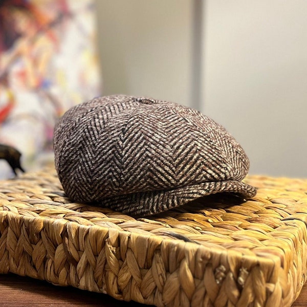 Brown White Herringbone Hat, Newsboy Cap, Peaky Blinders Hat, 8 Panels Cap,Gatsby Hat,Handmade Hat,Vintage Wool Hat,Winter Hat,Baker Boy Hat