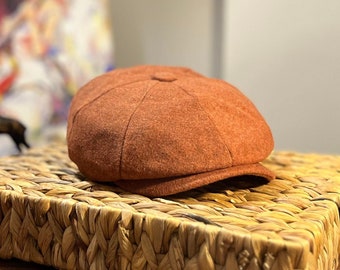 Orange Newsboy Cap, Peaky Blinders Hat, 8 Panels Cap, Handmade Hat, Irish Flat Cap, Baker Boy Hat, Winter Hat, Warm Wool Hat,  1940s Hat