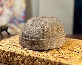 Milky Brown Docker Hat,Brimless Beanie Docker Cap,Adjustable Harbour Hat,Sailor Military Hat,Vintage Skullcap,Wool Winter Beret,Retro Beret