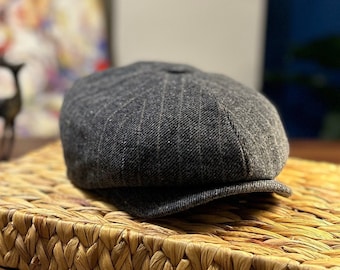 Randig ullkeps för kvinnor och män – Handgjord Peaky Blinders-hatt med 8 paneler, vintage platt keps, presentidé vintermode